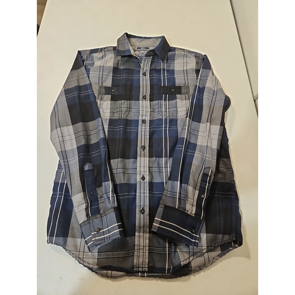American Rag Mens Casual 100% Cotton Shirt Small Long Sleeve Blue Plaid (A1279)